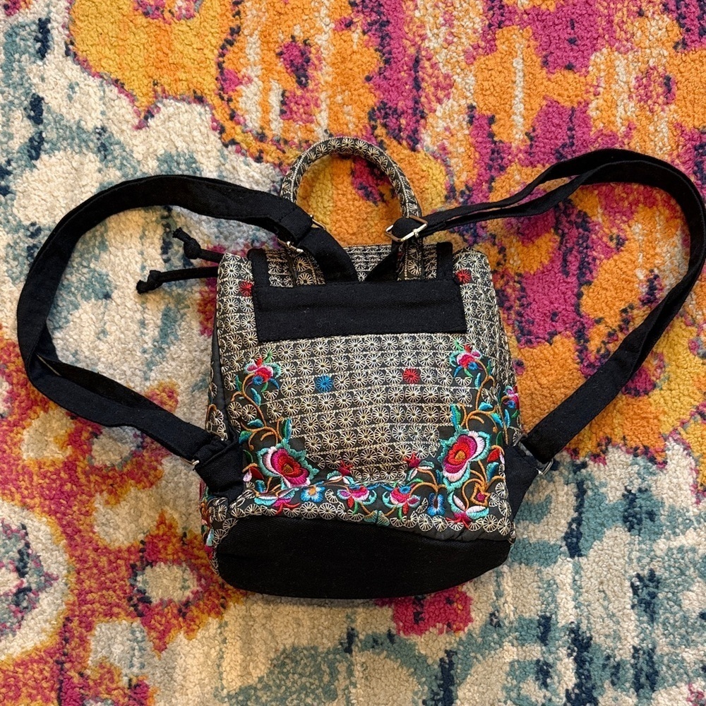 Black and Multicolor Embroidered Backpack - Picture 2 of 6